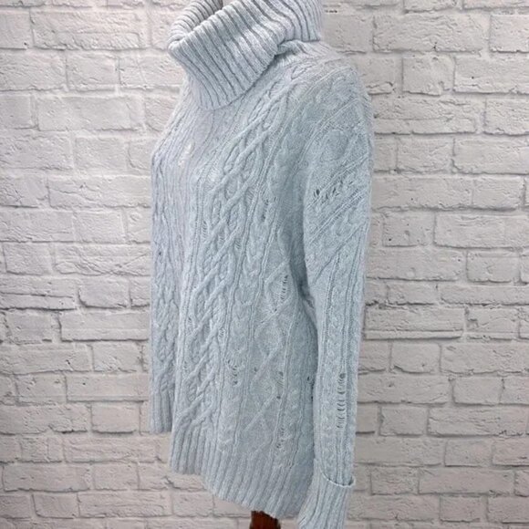 Free People Blue Distressed Complex Cabled Knit Cowl Turtleneck Sweater Size S - Picture 3 of 6
